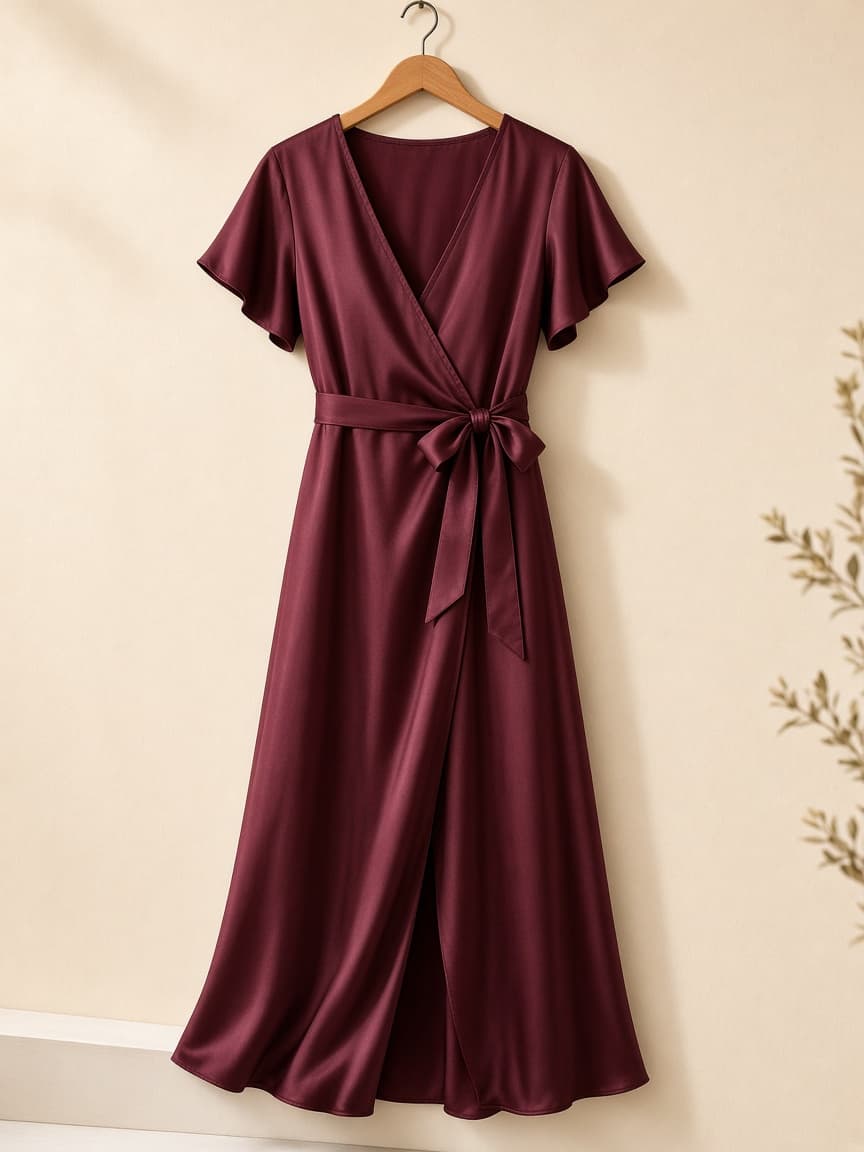 Wrap Front Evening Gown – Silk — Maroon