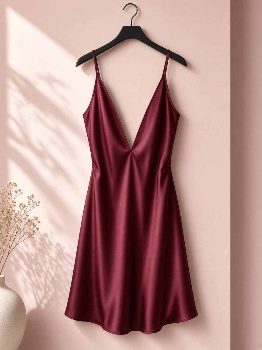 Plunging Neck Nighty – Silk — Maroon