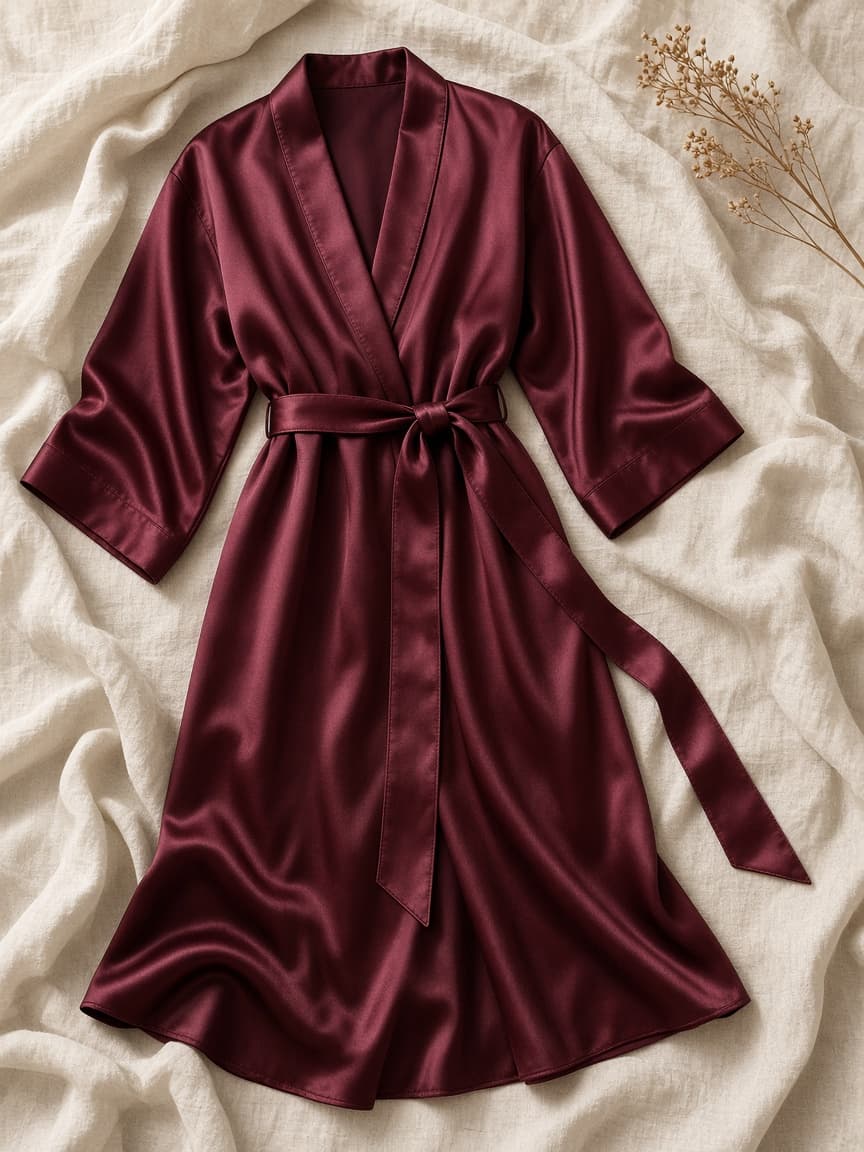 Belted Midi Robe – Satin — Maroon