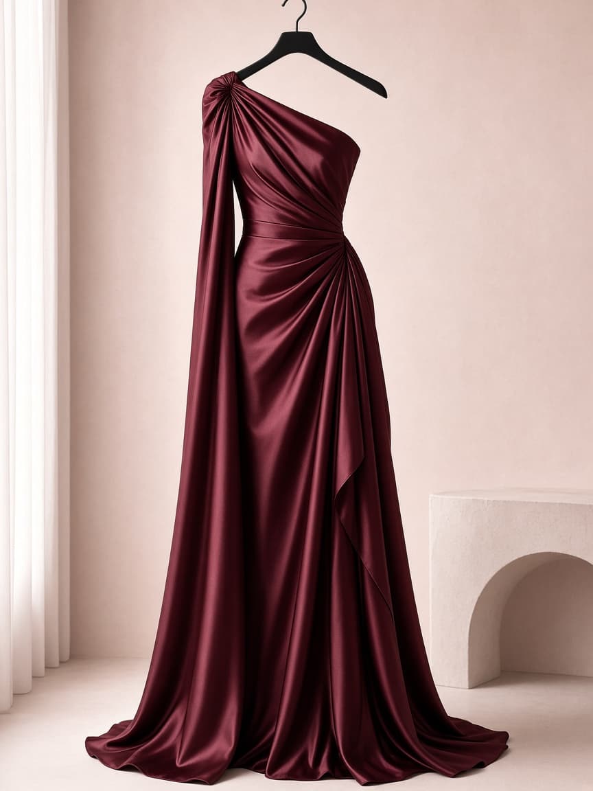 One Shoulder Bridal – Silk — Maroon