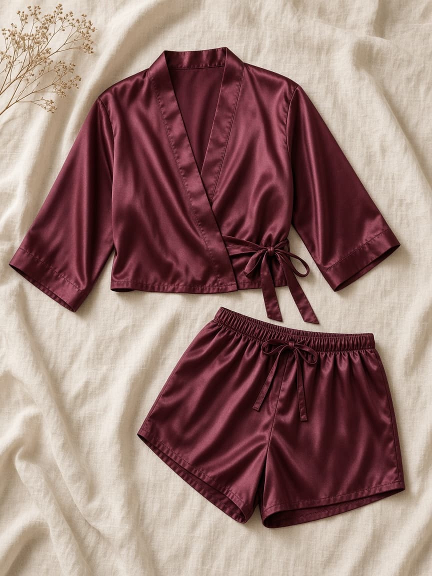 Cropped Robe Shorts – Satin — Maroon