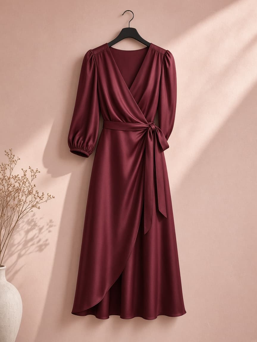 Wrap Midi Gown – Silk — Maroon