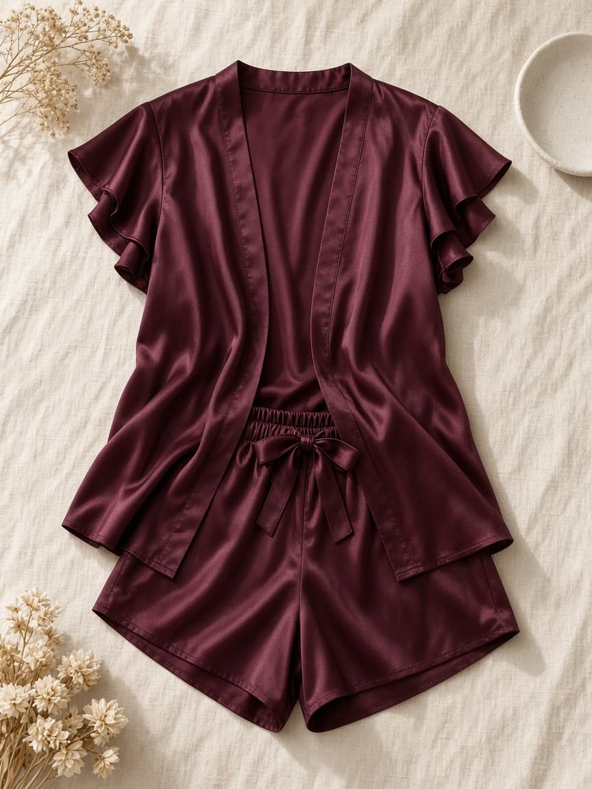 Flutter Robe Set – Satin — Maroon