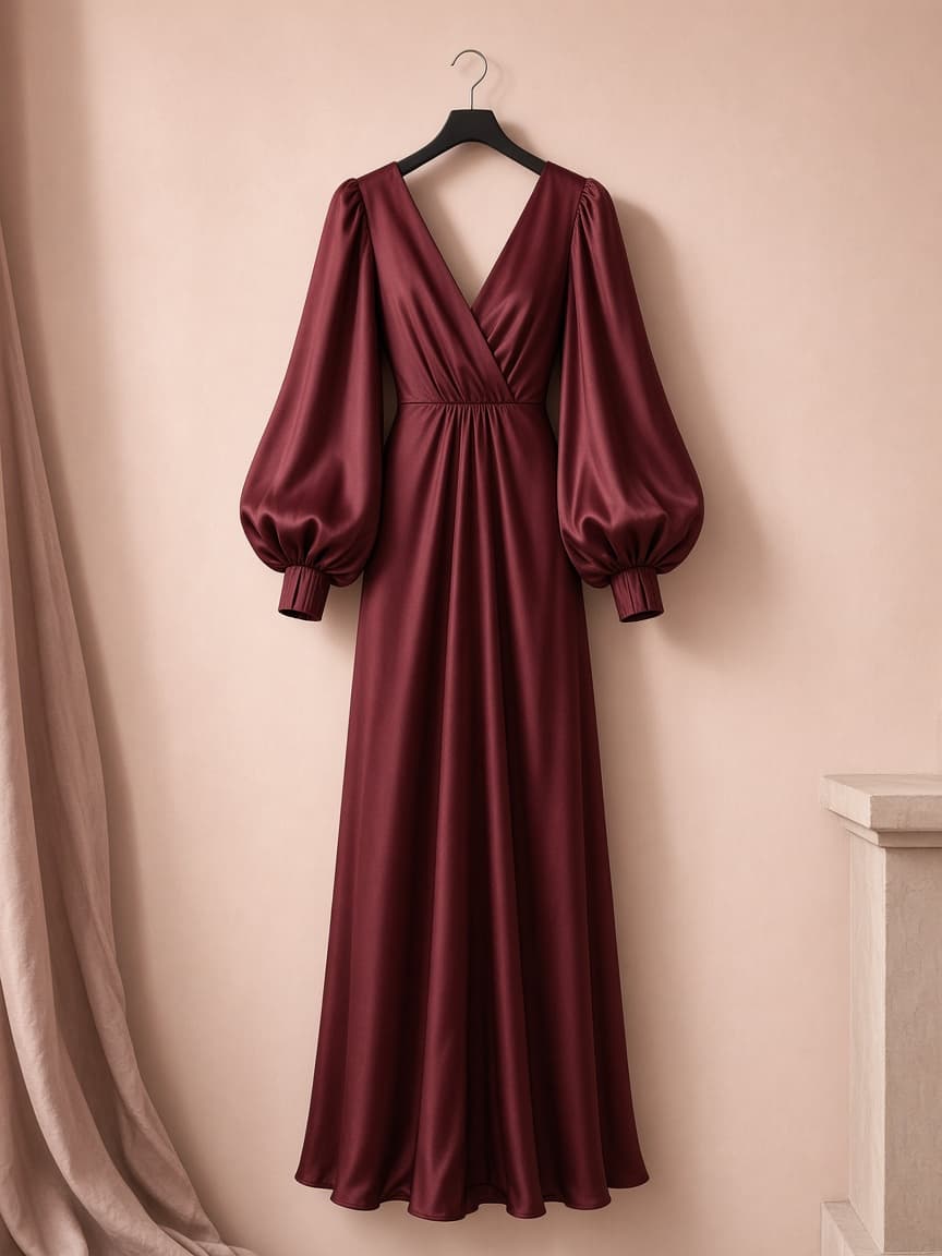 Balloon Sleeve Gown – Silk — Maroon