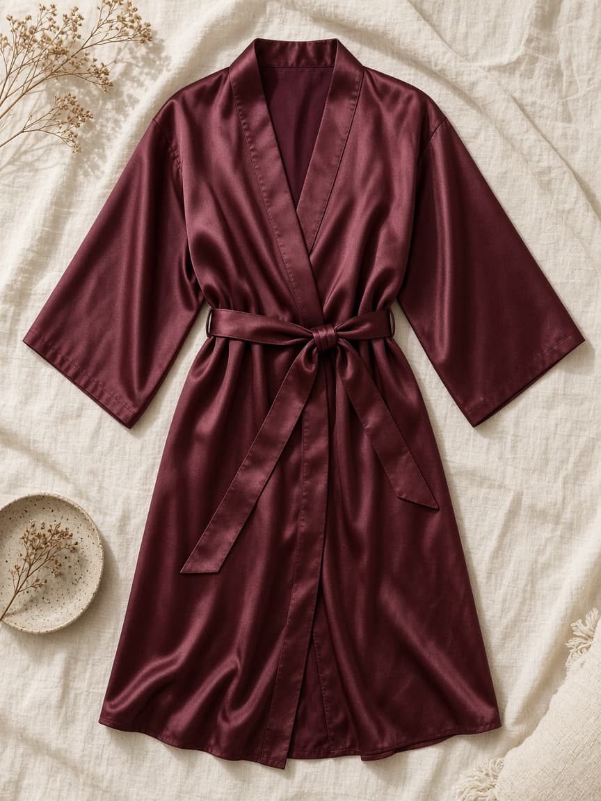 Kimono Midi Robe – Satin — Maroon