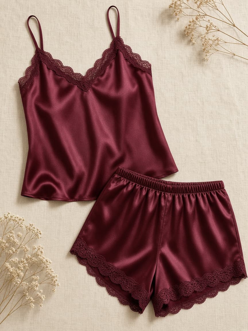 Shorty Pajama Set – Satin — Maroon