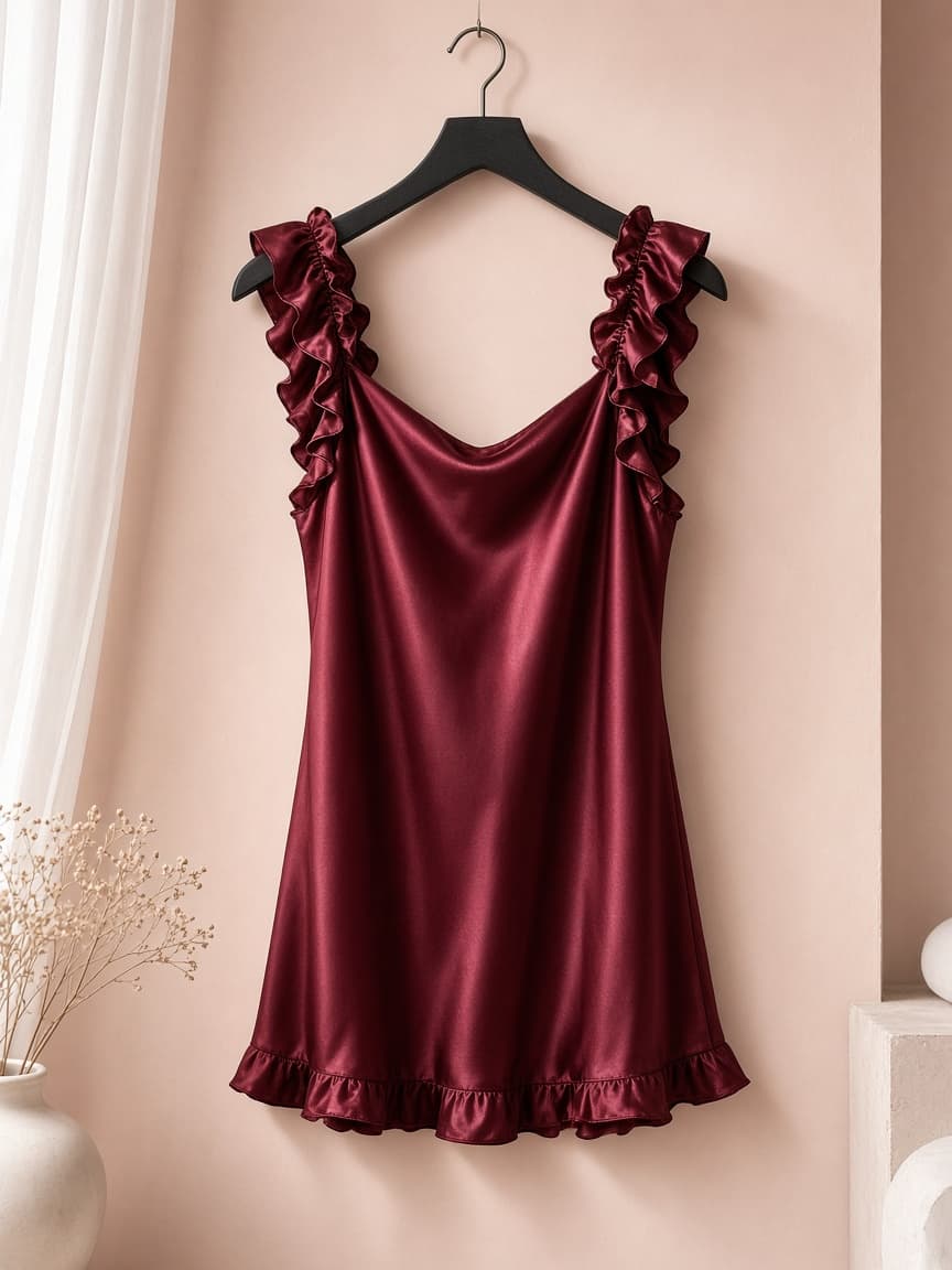 Ruffle Strap Nighty – Silk — Maroon