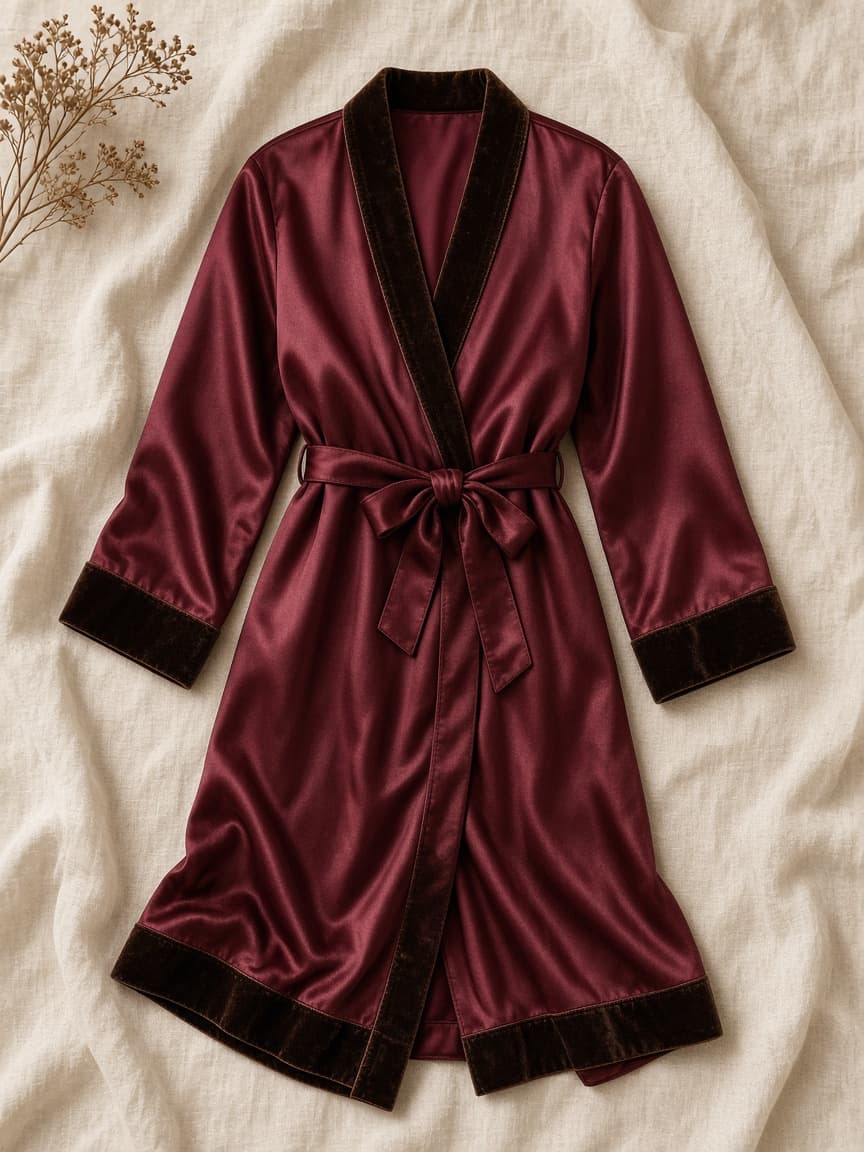 Velvet Trim Robe – Satin — Maroon