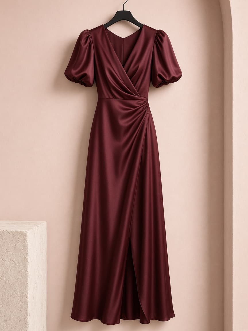 Puff Cap Gown – Silk — Maroon