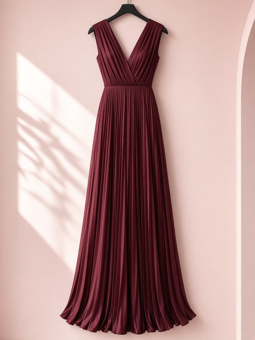 Pleated Skirt Gown – Silk — Maroon