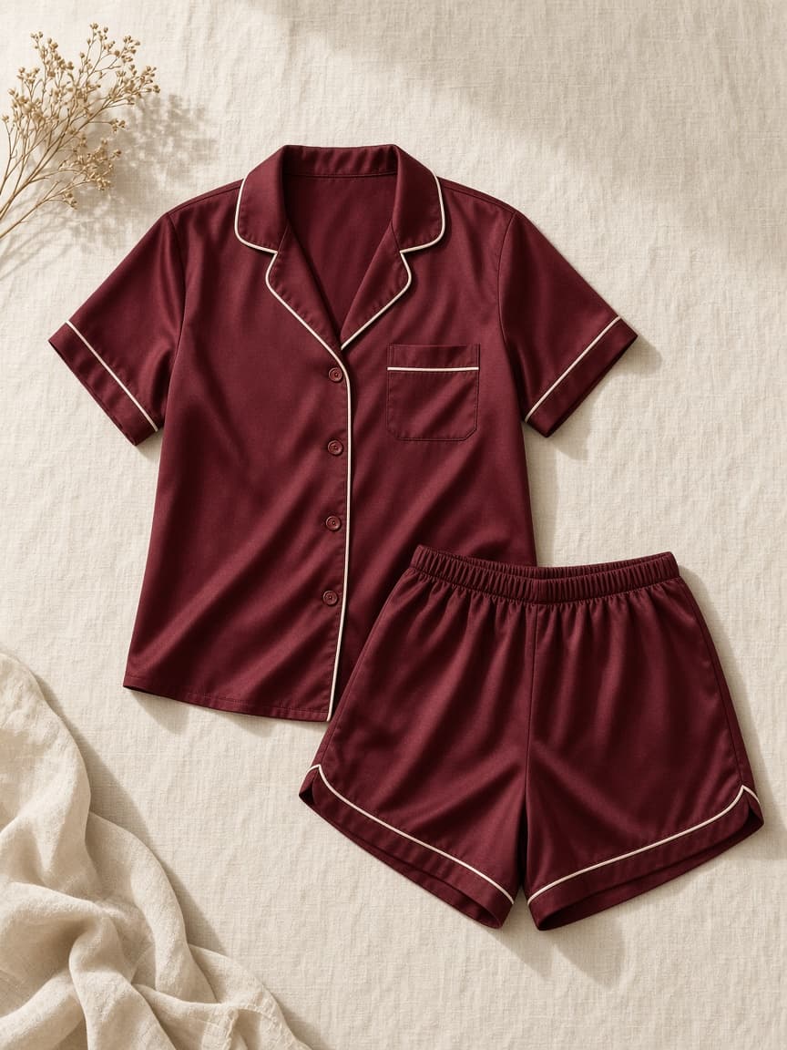 Piping Short Set – Satin — Maroon