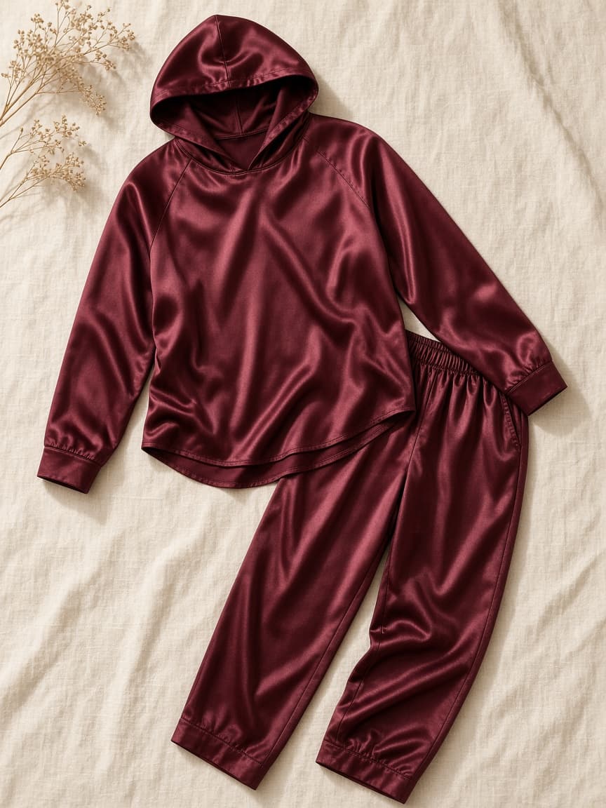Hooded Lounge Set – Satin — Maroon
