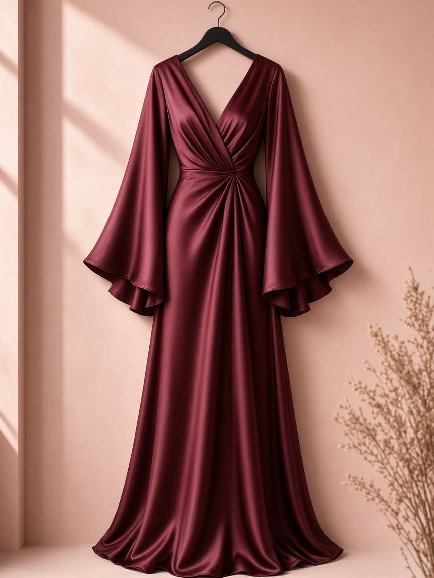 Bell Sleeve Gown – Silk — Maroon