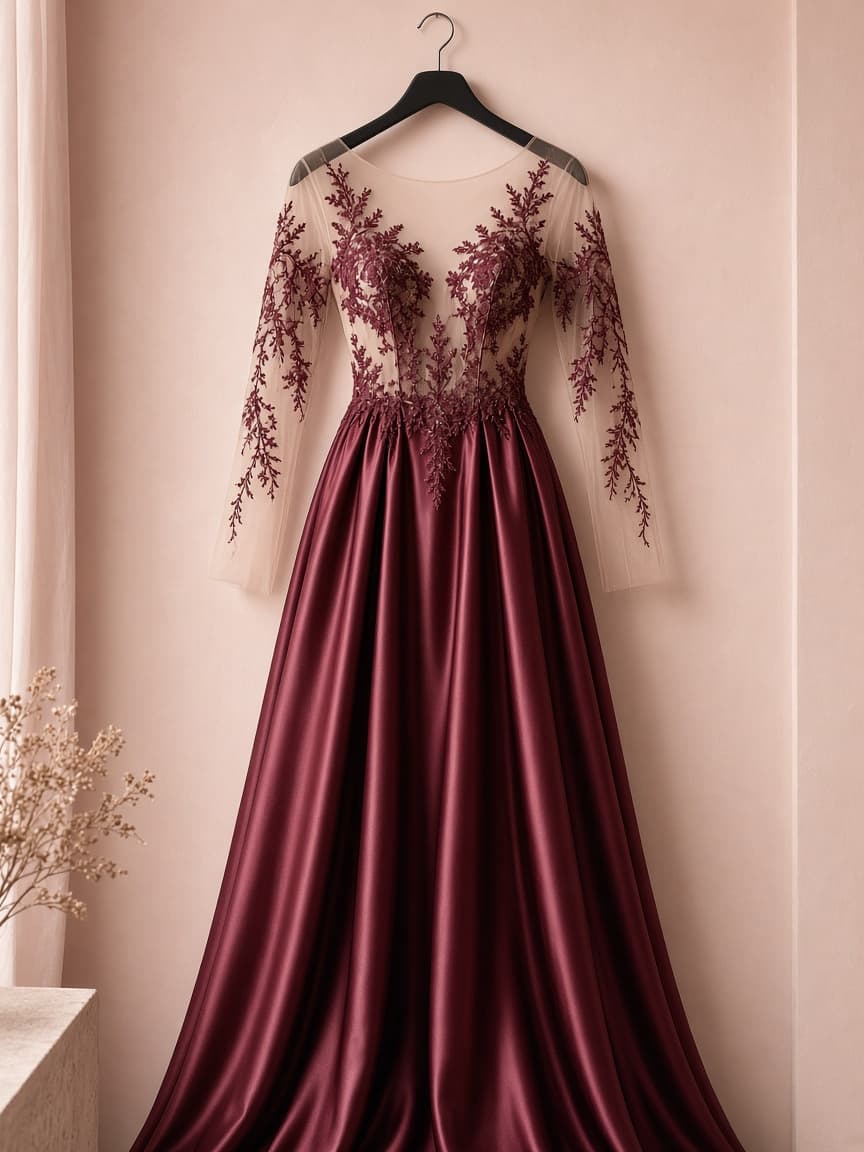 Illusion Bodice Bridal – Silk — Maroon