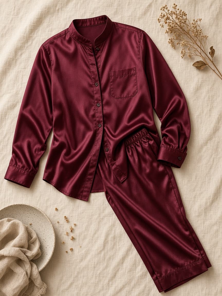 Mandarin Collar Set – Satin — Maroon