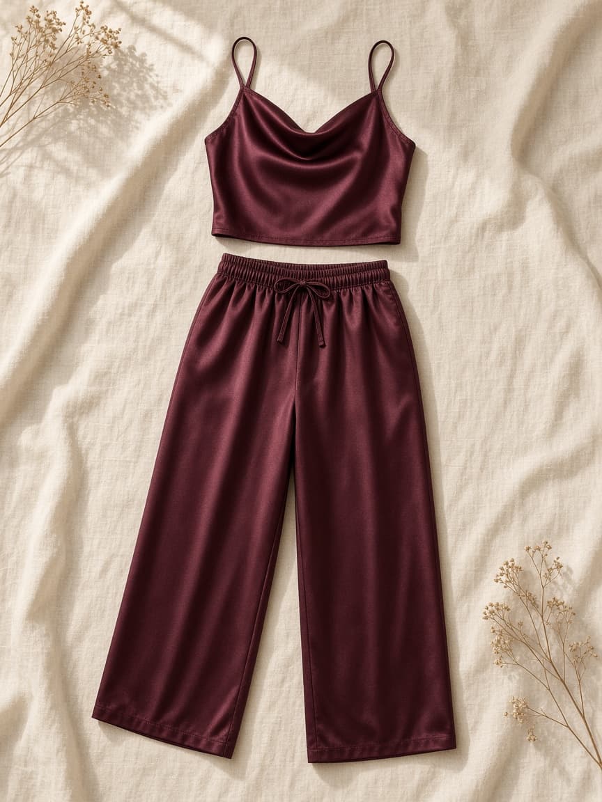 Cropped Pant Set – Satin — Maroon