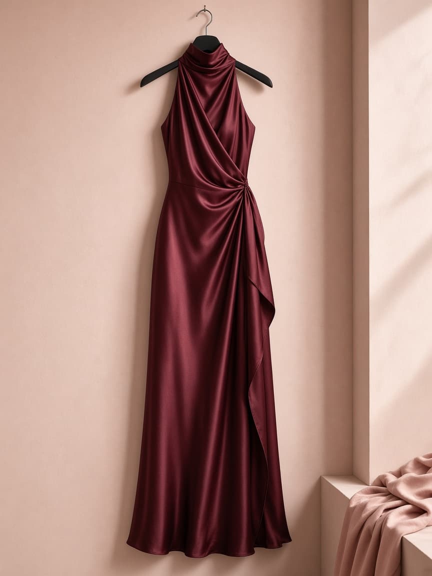 High Neck Gown – Silk — Maroon