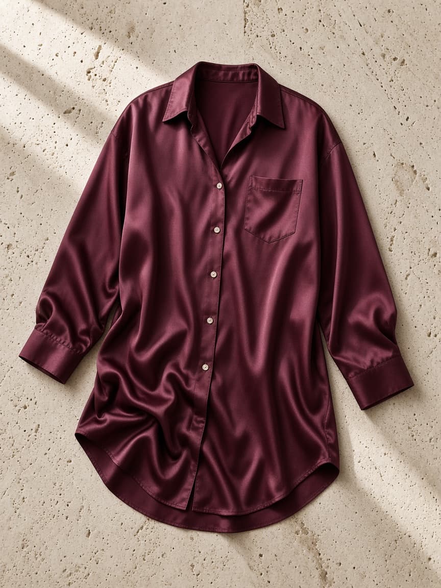 Button-Front Sleep Shirt – Satin — Maroon