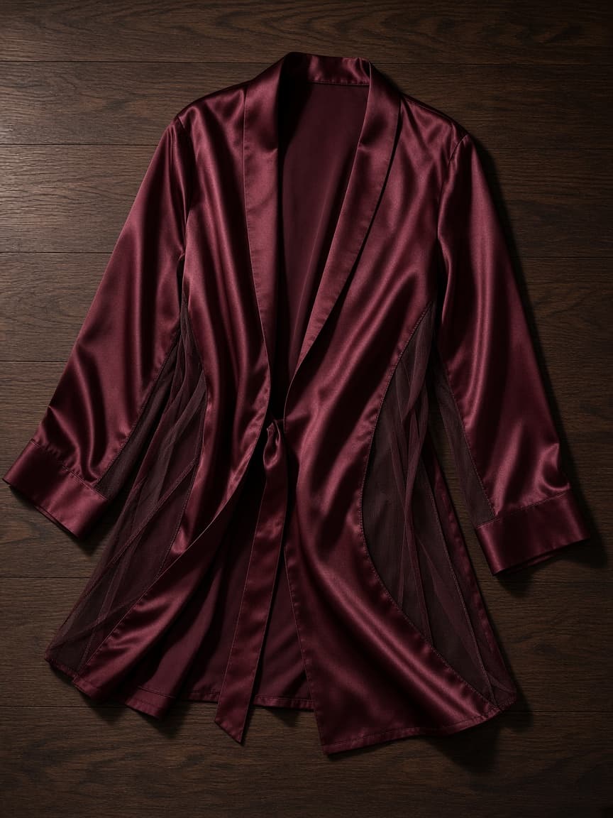 Sheer Panel Robe – Satin — Maroon