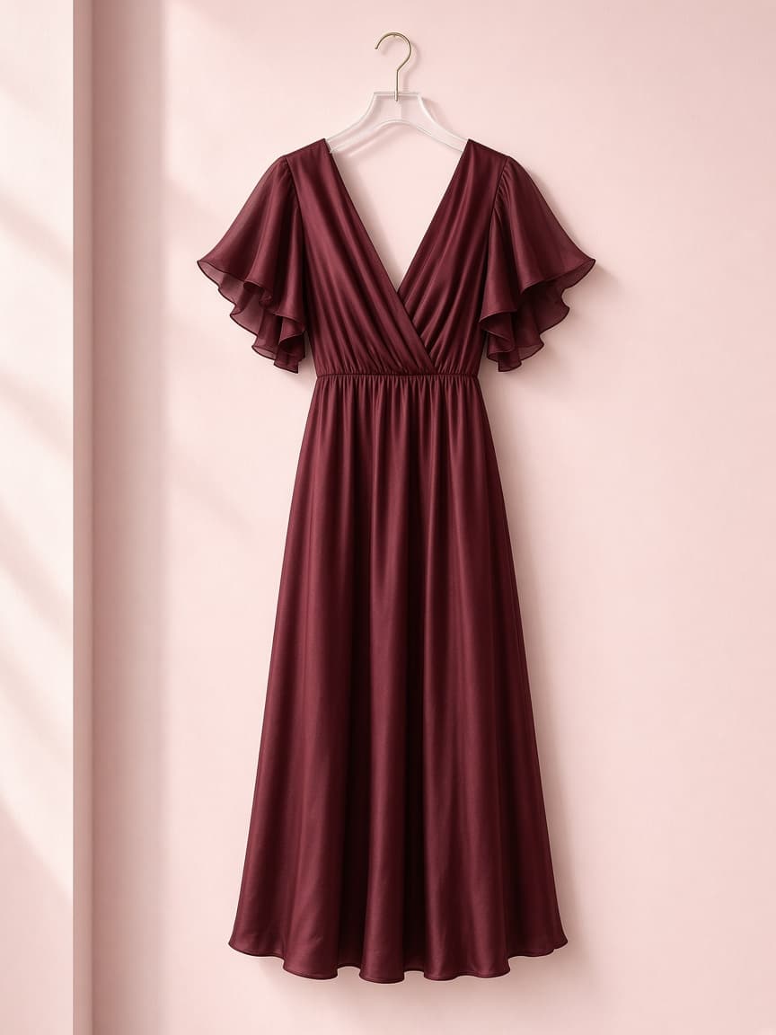 Flutter Sleeve Gown – Silk — Maroon