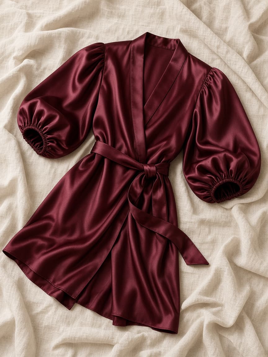 Puff Sleeve Robe – Satin — Maroon