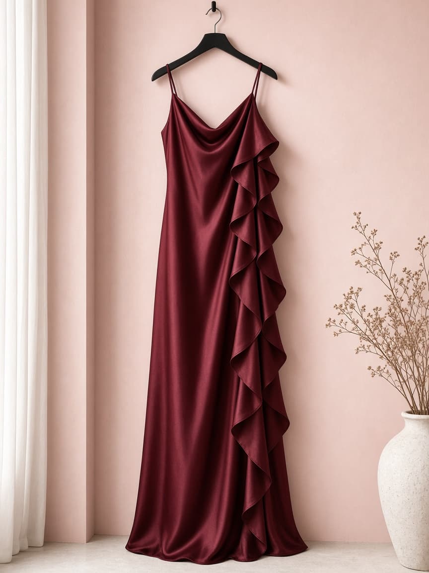 Cascade Ruffle Gown – Silk — Maroon