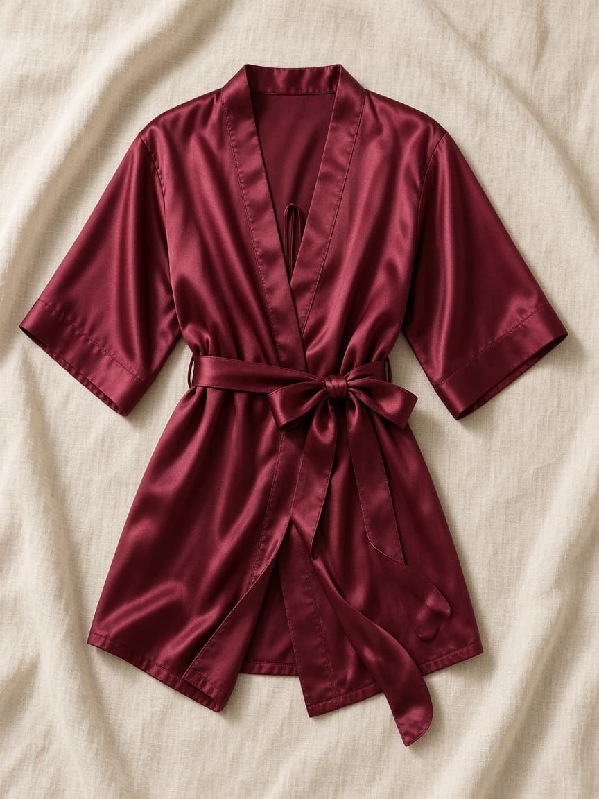 Belted Short Robe – Satin — Maroon