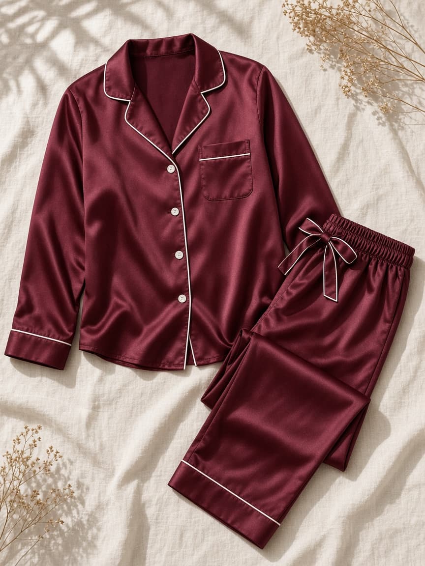 Piping Pajama Set – Satin — Maroon