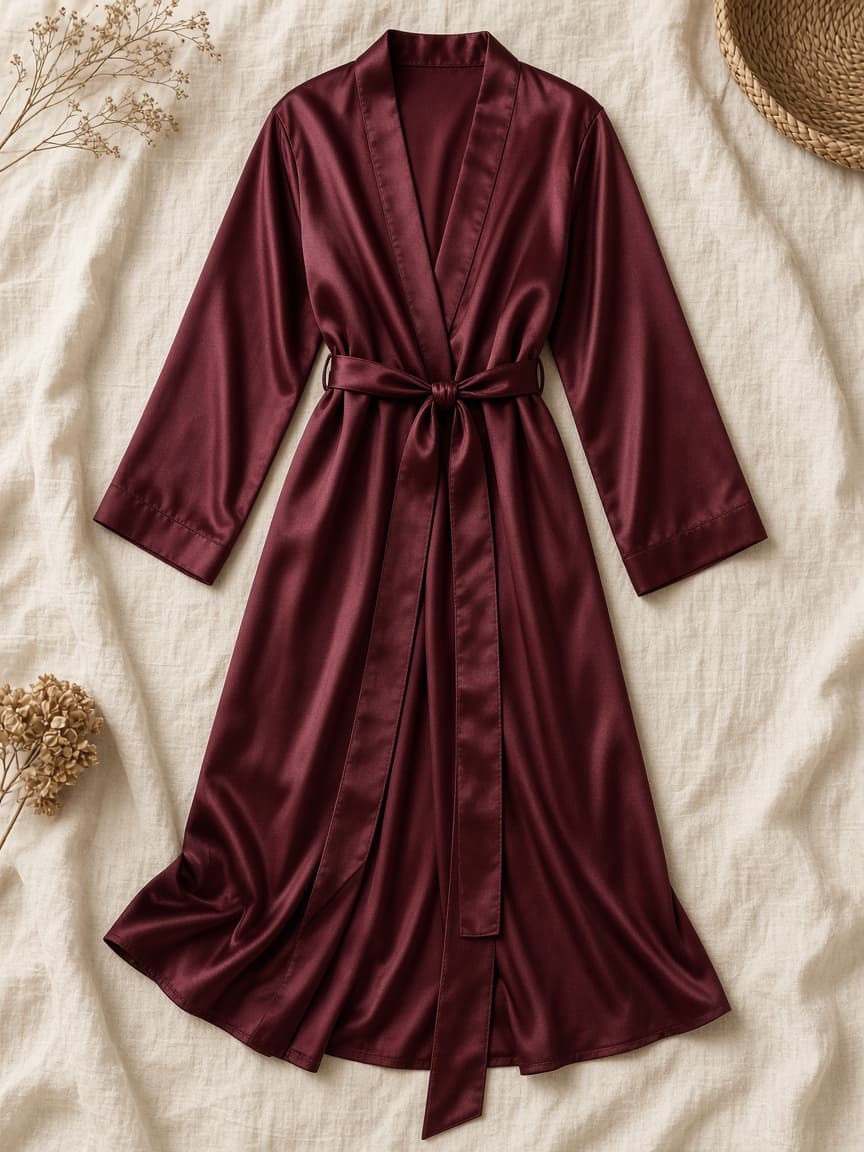 Long Tie Robe – Satin — Maroon